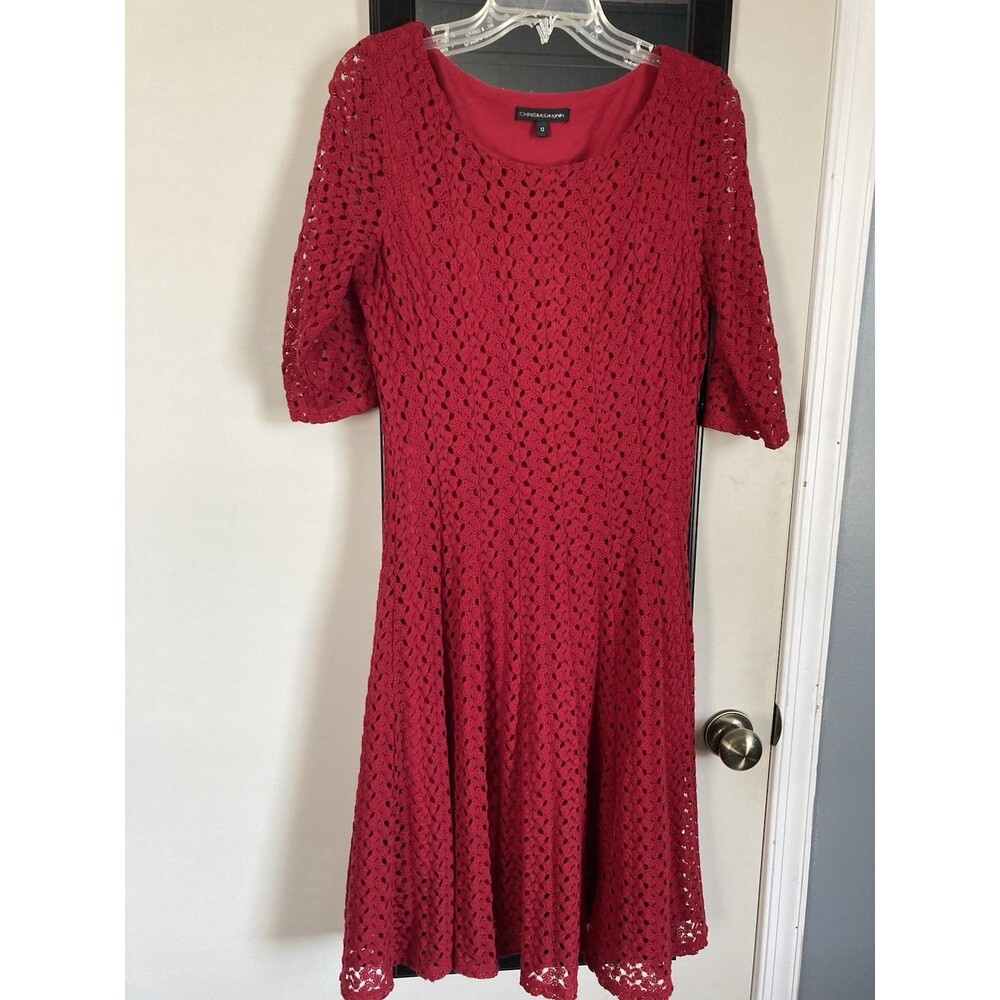 Chris McLaughlin A-Line Dress Red Women’s Size 12 Crochet Very Good Condition